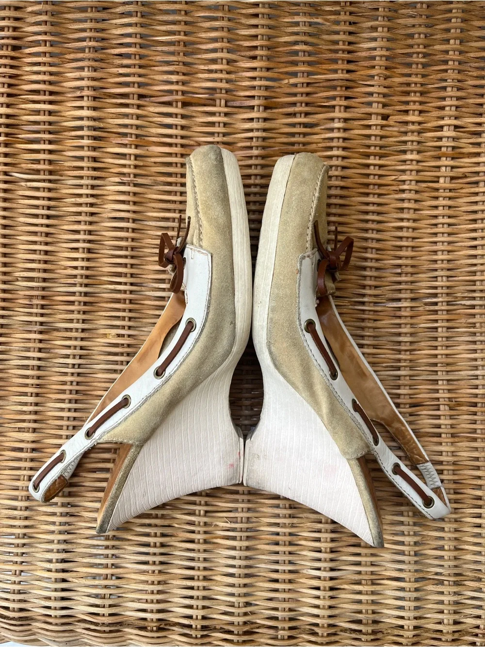 Coach Athena White and Tan Women's Slingback Loafer Wedges